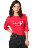 Kotty Women'S Printed, Typography Round Neck Cotton Blend 3/4 Sleeve T-Shirt(Red,M)
