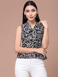 Oomph! Women'S Crepe Printed Top With Tie Neck And Sleeveless,BlackApparel,S