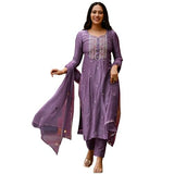 Anni Designer Women'S Cotton Blend Embroidered Straight Kurta With Pant & Dupatta (Kasturi Purple_Xl_Purple_X-Large),Purple,XL