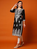Anni Designer Women'S Cotton Blend Straight Fit Chikankari Embroidered Kurta (Victoria Black_S_Black_Small),Black,S,Cotton Blend,Straight,