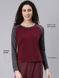 Enamor Women's Solid Slim Fit T-Shirt (E307_Forged Iron Melange/Dry Blood XL)
