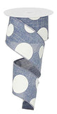 Large Polka Dot Wired Edge Ribbon - 2.5 x 10 Yards (Blue Denim, White)