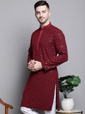 Jompers Mens Sequin Embroidered Pure Cotton Kurtas (Red, M)