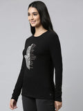 Enamor Essentials Full Sleeve Round Neck Slim Fit Stretch Cotton Lounge Tshirt For Womens-E157 (E157_Jet Black/Hamsa Energey_Xl)