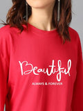 Kotty Women'S Printed, Typography Round Neck Cotton Blend 3/4 Sleeve T-Shirt(Red,L)