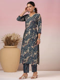 Anni Designer Women'S Rayon Blend Straight Printed Kurta With Pant (Kivala Blue_M_Blue_Medium),Blue,M,Rayon Blend,Regular,Kurta