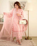 Anni Designer Women'S Cotton Blend Embroidered Straight Kurta With Pant & Dupatta (Arora Pink_S_Pink_Small),Pink,S,Cotton Blend,Regular,