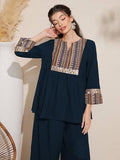 Tadkee Women'S Geometric Printed Sequin Decorated Woven Fringe Two Piece Set | 3/4 Sleeve Co-Ord Set (Fn-Pop-Printed-Nack-Set-123-Teal-L)