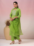 Anni Designer Women'S Rayon Blend Embroidered Straight Kurta With Pant & Dupatta (Kasturi Parrot_S_Parrot Green_Small),Parrot Green,S,Rayon Blend,Regular,Kurta, Scarf