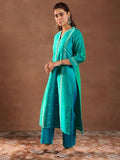Libas Womens Woven Design Silk Blend Straight Kurta With Trousers And Dupatta Turquoise Blue 5Xl