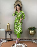 Anni Designer Women'S Cotton Blend Straight Printed Kurta With Pant (Dhun Green_S_Green_Small),Green,S,Rayon Blend,Regular,Kurta