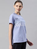 Enamor Athleisure Relaxed Fit Short Sleeve Round Neck Antimicrobial Finish Breathable Stretch Cotton Activewear Sports Tshirt for Women - A301 (A301_Purple Slate/Inhale Exhale Graphic_S),Purple Slate /Inhale