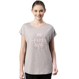 Enamor Athleisure Relaxed Fit Short Sleeve Boat Neck Antimicrobial Finish Breathable Stretch Cotton Activewear Sports Tshirt for Women-E131 (E131_Mauve Grey/Be Here Graphic_M),Mauve Grey/Be Here G