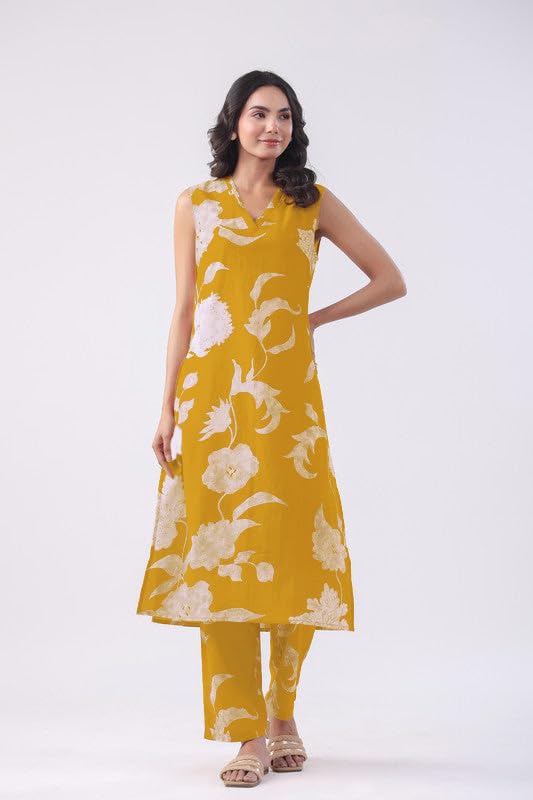 Anni Designer Women'S Rayon Viscose Straight Printed Kurta With Pant (Teras Yellow_L_Yellow_Large),Yellow,L,,,