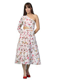 OOMPH! Women's Western & Fusion wear Printed Crepe Dress for Women One Shoulder White - md1061,Daisy White