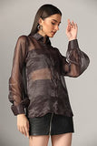 OM SAI LATEST CREATION Tops for Women || Transparent Mesh Long Cuff Sleeves Shirt Tops for Women || Shirt Style Tops for Women || Button Down Shirts || Sheer Shirt for Women. (Large Black),Black