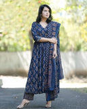 Anni Designer Women'S Rayon Blend Printed Anarkali Kurta With Pant & Dupatta (Ampm Blue_S_Blue_Small),Blue,S,Rayon Blend,Anarkali,