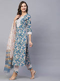 Gosriki Women'S Cotton Blend Straight Printed Kurta With Pant & Dupatta (Kuntu Blue-Gs_4Xl_Blue_Xxxx-Large),Blue,4,B0C3XTQ495