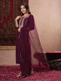Gosriki Women'S Cotton Blend Straight Embroidered Kurta With Pant & Dupatta (Kesu Wine-Gs_Xl_Wine_X-Large),Wine,,B0DM1V1BJJ
