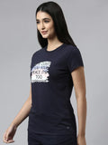 Enamor Essentials Short Sleeve Round Neck Slim Fit Stretch Cotton Tshirt For Womens-E147 (E147_Navy/ Peace Graphic_L)