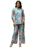 Leriya Fashion RAYON PRINTED A-LINE FRONT OPEN CO-ORD KURTA SET FOR WOMEN (LF-W2143&TR1110-2XL-BLUE)