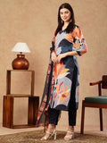 Anni Designer Women'S Cotton Blend Straight Printed Kurta With Pant & Dupatta (Khissu Navy Blue-Fka_M_Navy Blue_Medium),Navy Blue,M,Cotton Blend,Regular,Kurta, Scarf