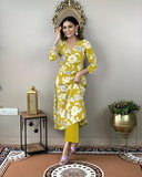Anni Designer Women'S Cotton Blend Straight Printed Kurta With Pant (Dhun Lemon_Xxl_Lemon_Xx-Large),Lemon,2XL,Rayon Blend,Regular,