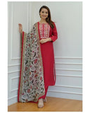 Anni Designer Women'S Cotton Blend Straight Embroidered Kurta With Pant & Dupatta (Sanju Red_S_Red_Small),Red,S,Cotton Blend,Regular,Kurta, Scarf