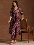 Libas Womens Printed Silk Blend A-Line Kurta With Trousers Maroon Xl