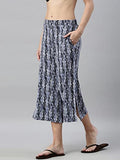 Enamor Essentials Women's Slim Fit Mid Rise Crop Length Soft & Drapey Stretch Viscose Culottes with Smart Side Slits - EA64(EA64-Navy Shibori Aop-XL),Navy Shibori Aop