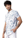 Lookmark Men'S Cotton Blend Stitched Solid Half Sleeve Regular Fit Shirt(Printed Regular Fit Shirt Blue Leaf-M)