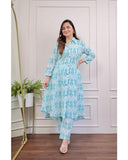 Anni Designer Women'S Cotton Blend Anarkali Printed Kurta With Pant (Dipu Sky_L_Sky Blue_Large),Sky Blue,L,Cotton Blend,Anarkali,
