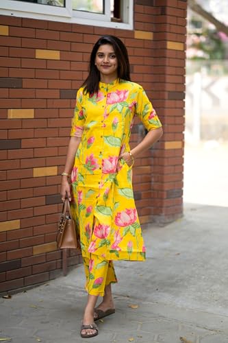 Anni Designer Women'S Rayon Viscose Straight Printed Kurta With Pant (Ladat Yellow_M_Yellow_Medium),Yellow,M,Vicose Rayon,Regular,