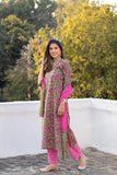 Anni Designer Women'S Cotton Blend Straight Printed Kurta With Pant & Dupatta (Deepal Pink_L_Pink_Large),Pink,L,Rayon Blend,Regular,
