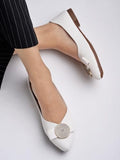 Shoetopia Women'S White Ballet Flats Textured Slip-On Bellies With Decorative Bow & Gold Button | Elegant Casual & Office Eu38,White,5,B0CVBD2MLC