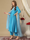 Anni Designer Women'S Cotton Blend Solid Anarkali Kurta With Pant & Dupatta (Sendra Sky_M_Sky Blue_Medium),Sky Blue,M,Cotton Blend,Anarkali,Kurta, Scarf
