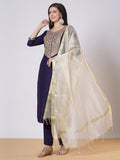 Gosriki Women'S Rayon Viscose Embroidered Straight Kurta With Pant & Dupatta (Tudari Blue-Gs_L_Blue_Large),Blue,,B0DTK6H32Q