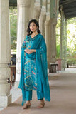 Anni Designer Women'S Cotton Blend Straight Printed Kurta With Pant & Dupatta (Geto Rama_L_Light Blue_Large),Light Blue,L,Cotton Blend,GETO RAMA-456,Kurta, Scarf