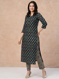 Anni Designer Women'S Cotton Blend Straight Printed Kurta With Pant (Nivaba Blue_S_Blue_Small),Blue,S,Cotton Blend,Regular,Kurta