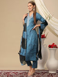 Anni Designer Women'S Cotton Blend Printed Straight Kurta With Pant & Dupatta (Suhana Blue_Xxl_Blue_Xx-Large),Blue,2XL,Cotton Blend,Regular,