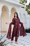 Anni Designer Women'S Cotton Blend Straight Printed Kurta With Pant & Dupatta (Rapat-Wine-Sm_S_Wine_Small),Wine,S,Cotton Blend,Regular,