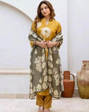 Anni Designer Women'S Rayon Viscose Printed Straight Kurta With Pant & Dupatta (Panuja Yellow_L_Yellow_Large),Yellow,L,Rayon Viscose,Regular,