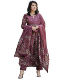 Gosriki Women'S Rayon Blend Anarkali Printed Kurta With Pant & Dupatta (Kanjur Wine-Gs_S_Wine_Small),Wine,,B0DC6M4BM1