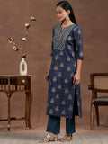 Libas Womens Printed Silk Blend Straight Kurta With Palazzos And Dupatta Blue Xl 36894