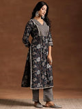 Libas Womens Printed Silk Blend Straight Kurta With Trousers Teal Blue M