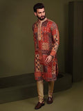 Kisah Men Red Kurta, Cotton, Full Sleaves, Knee Length, Straight, Regular Fit, Mandarin Collar Ethnic Wear, 42
