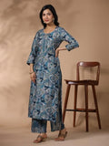 Anni Designer Women'S Rayon Blend Straight Printed Kurta With Palazzo (Kanjirang Blue_M_Blue_Medium),Blue,M,Rayon Blend,Regular,Kurta, Pants
