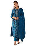 Libas Womens Embroidered Silk Blend Straight Kurta With Trousers And Dupatta Teal