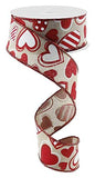 Patterned Hearts Canvas Wired Edge Ribbon 10 Yards (Natural, White, Red, 1.5)