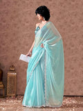 Womanista Women'S Jimmychoo Solid Blue Saree Embellished Lace With Un-Stitched Blouse